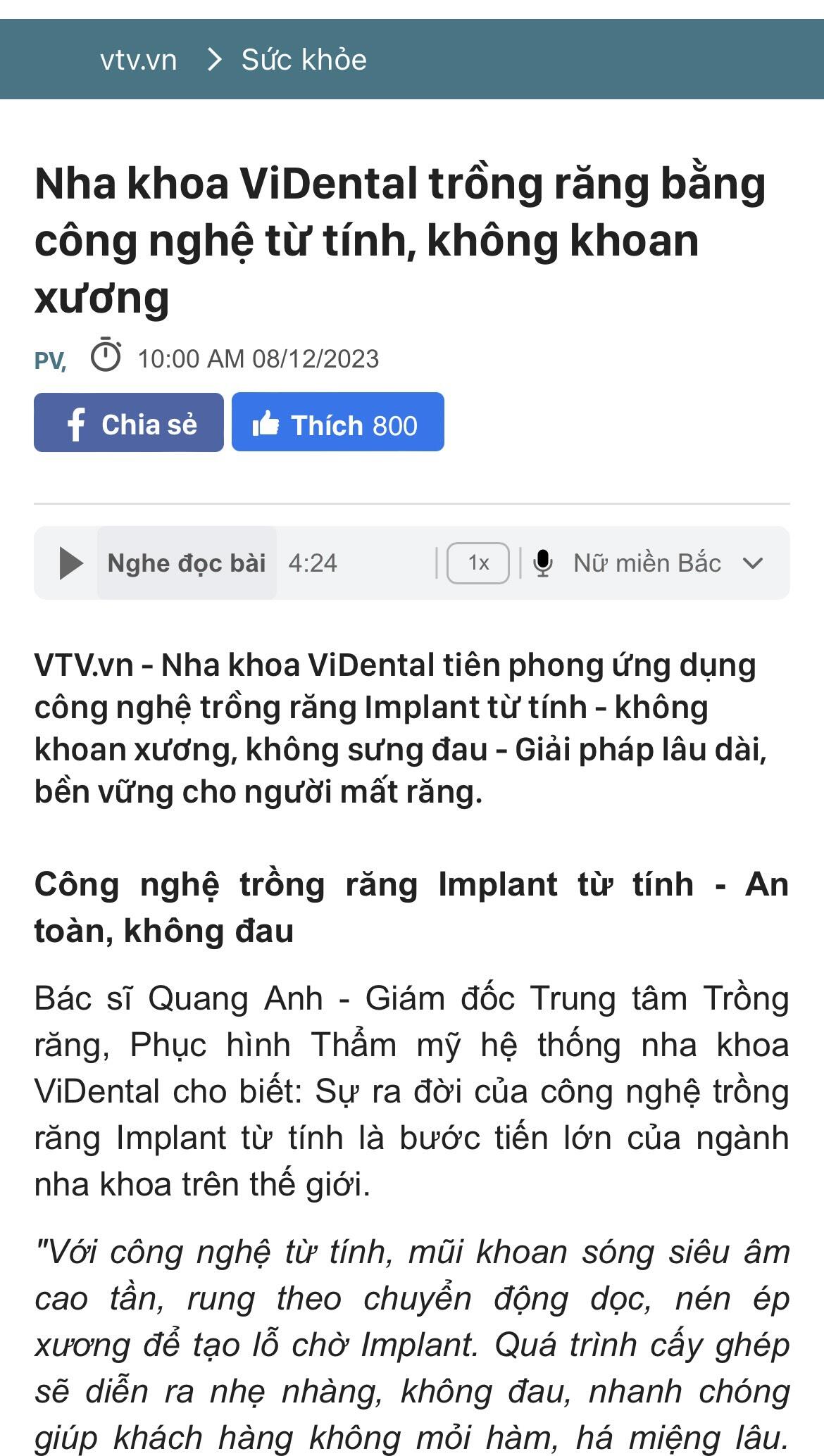 báo VTV về công nghệ từ tính nha khoa ViDental